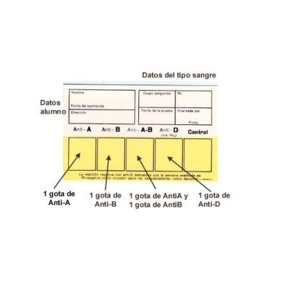 Tarjetas determinación grupo sanguíneo ME-91249. Caja 100 unidades