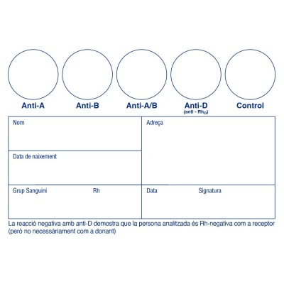 Tarjetas determinación grupo sanguíneo idioma catalán. Caja 100 unidades