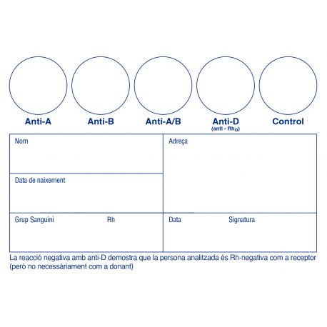 Catalan language blood group determination cards. Pack 100 units