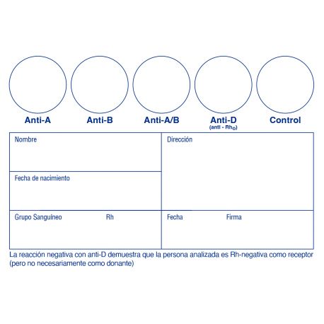 Targetes determinació grup sanguini ME-91249. Capsa 100 unitats