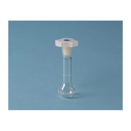 Matràs aforat vidre amb tap plàstic. Capacitat 25 ml