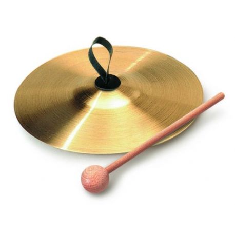 Brass cymbal with handle and drumstick. Diameter 300mm