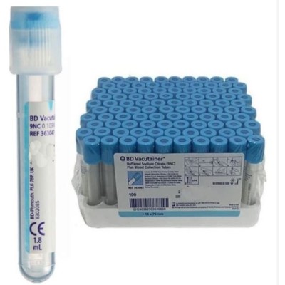 Tubos BD VacutainerTM plástico con citrato y tapón de seguridad. Caja 100 unidades