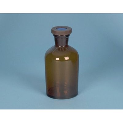 Frasco cristal topacio boca estrecha tapón plástico CHG-006. Capacidad 250 ml