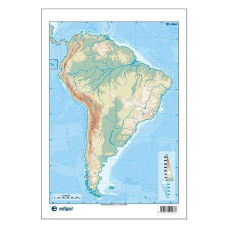 Mapas mudos colores 230x330 mm. América Sur física. Bloque 50 unidades