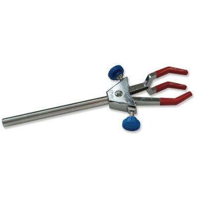 Pinza soporte tres dedos doble con espiga. Apertura 0 a 90 mm