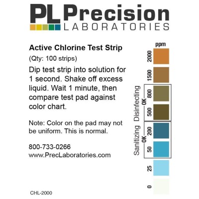 Tiras reactivas cloro 0-25-50-200-500-800-1500-2000 ppm CHL-1000. Tubo 100 unidades