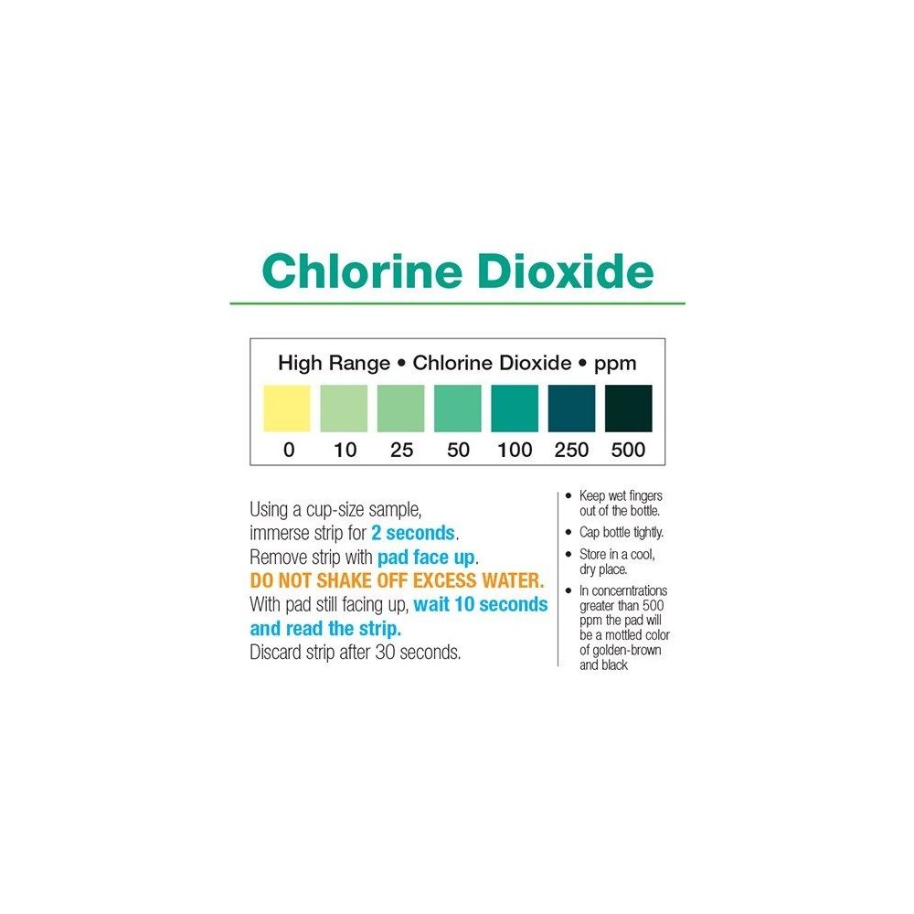 Tires reactives clor diòxid 0-10-25 250-500 ppm CHL-D10. Tub 50 unitats